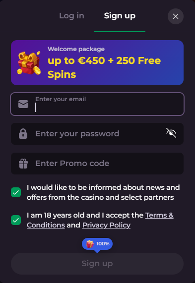 BlindLuck Casino NL registratieformulier met e-mail, wachtwoord en welkomstaanbieding